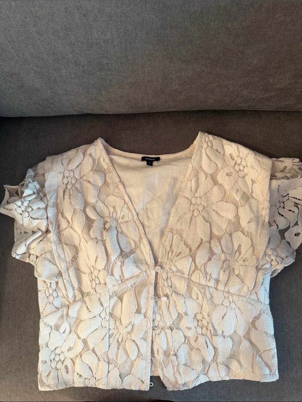 Express Cream Floral Lace V-Neck Short Sleeve Top